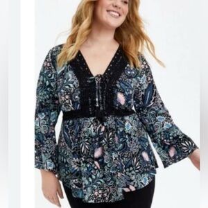 Torrid Babydoll Rayon Crepe Embroidered Lace-up Tunic Women’s Size 2X